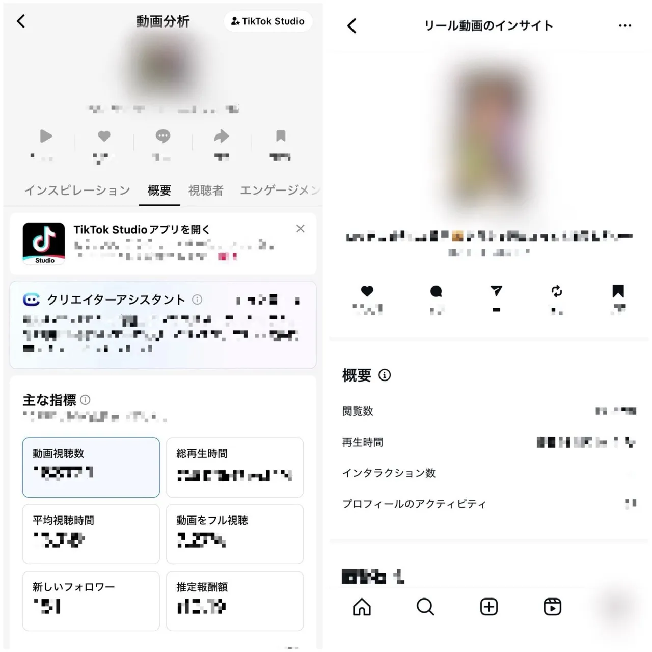 TikTok動画分析(概要)とInstagramインサイトのスクリーンショット例